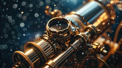 Fototapeta premium Close-up on the gears and mechanisms of a telescope as it rotates smoothly to capture images of a meteor shower