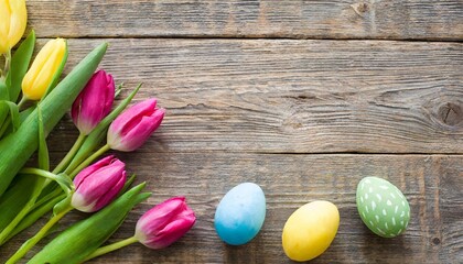 easter holiday background with easter eggs and tulip flowers on wooden table top view from above