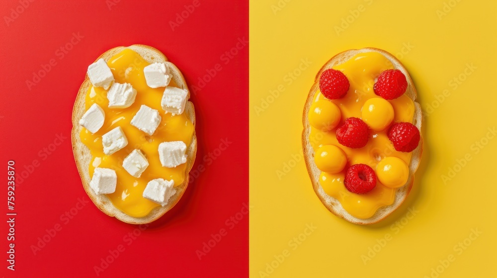 Poster a piece of bread with marshmallows and raspberries on it next to a piece of bread with marshmallows 