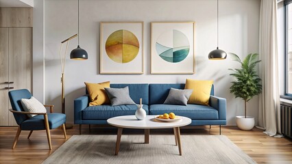 Urban Chic, Light Gray Sectional, Round Timber Coffee Table, Abstract Wall Adornment, generative ai