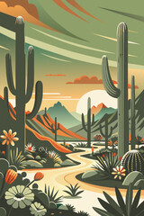 Stylized flat vector illustration of a peaceful desert scene with cacti and mountains as the sun sets. Festive poster, mexican background, Mexico backdrop for festival Cinco de mayo