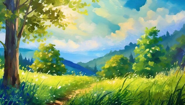 vintage landscape the summer sky paints a vivid background as i travel through the serene nature surrounded by luscious green grass and towering trees the light filters through the leaves of the