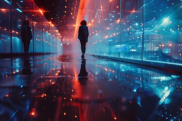abstract woman walking in modern building