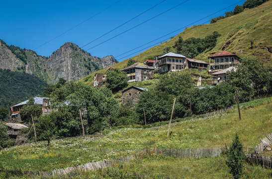 Houses seen from the road from Mestia to Ushguli in Svanetia region
