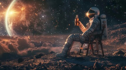 astronaut, in a chair, while drinking beer on a planet generative ai - obrazy, fototapety, plakaty