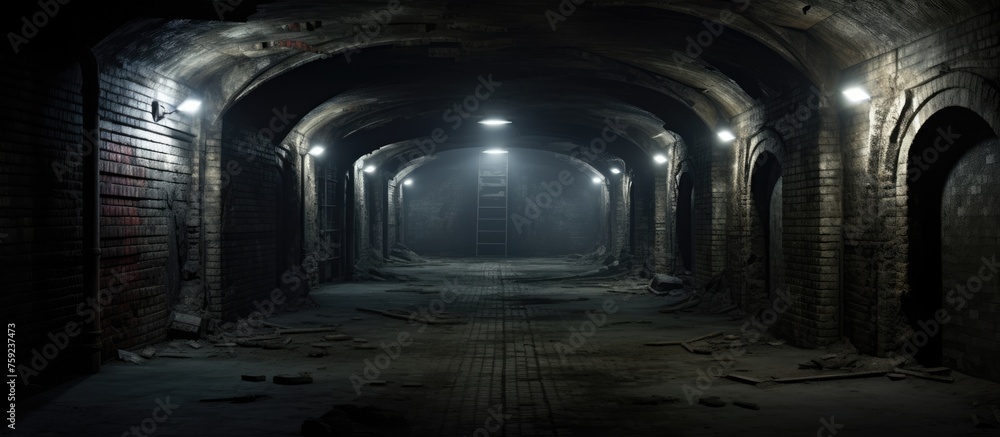 Poster a tunnel made with composite material, featuring arches and electric blue lights at the end, creatin