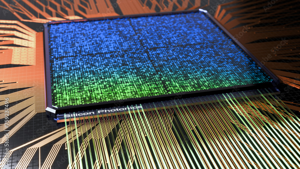 Poster abstract 3d render of a silicon chip with photonic interconnect. silicon photonic is labeled on the 
