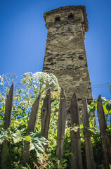 Svan tower in Zhibiani, one of villages of Ushguli community in Svanetia region, Georgia