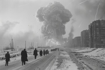 Nuclear cataclysm, city obliterated, towering inferno.