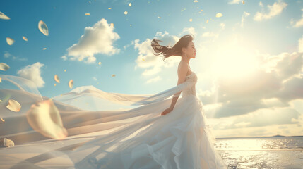 Fototapeta na wymiar asian bride in white wedding dress outside in the windy beach