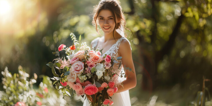 bridal bouquet pale pink roses and mixed flowers  holded by brunette bride