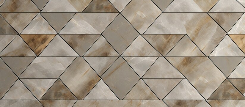 A close up of brown, grey, and beige tile flooring with a geometric pattern of triangles and rectangles, resembling wood