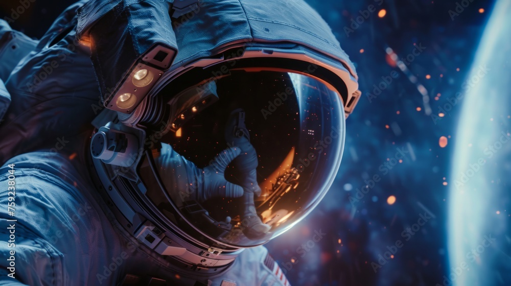 Wall mural closeup of an astronaut orbiting through space generative ai