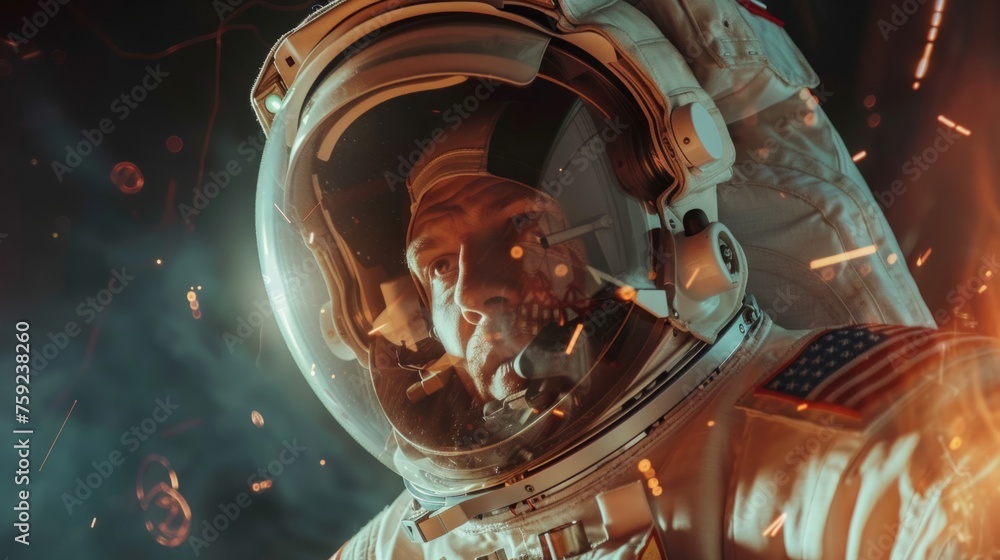 Wall mural closeup of an astronaut orbiting through space generative ai