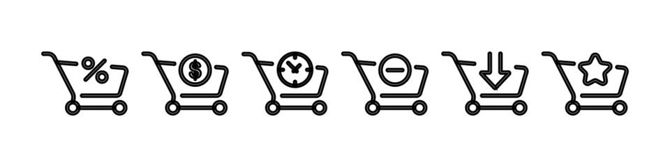 High resolution latest trendy shopping cart icon set. Black flat style outline icons.