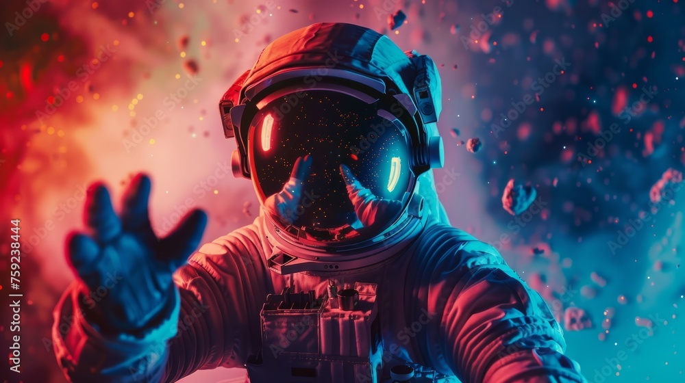 Wall mural closeup of an astronaut orbiting through space generative ai
