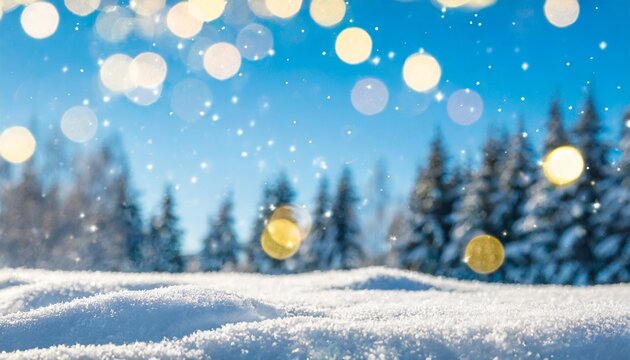beautiful winter natural background of snow and blurred forest gently falling snow flakes and christmas lights against blue morning sky free space for your decoration wide format