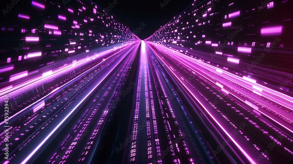 Poster digital road illuminated by pink matrix of binary code. digital road isolated on black background.