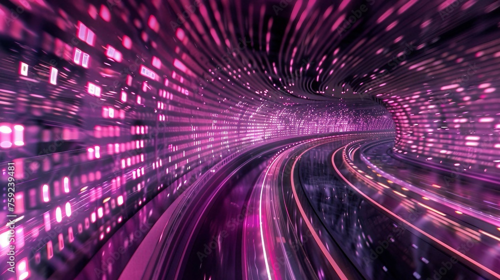 Poster digital road illuminated by pink matrix of binary code. digital road isolated on black background.