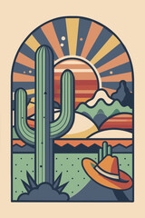 Stylized flat illustration of a desert landscape at sunset with cacti and sombrero. Festive poster, mexican background, Mexico backdrop for festival Cinco de mayo