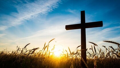 ascension day concept silhouette cross on meadow autumn sunrise background