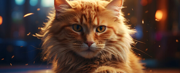 A stunning close-up shot of a ginger domestic cat with a focused, intense gaze amidst a lit backdrop - obrazy, fototapety, plakaty