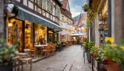 Generated image of cozy european street with restaurants and shops  - obrazy, fototapety, plakaty