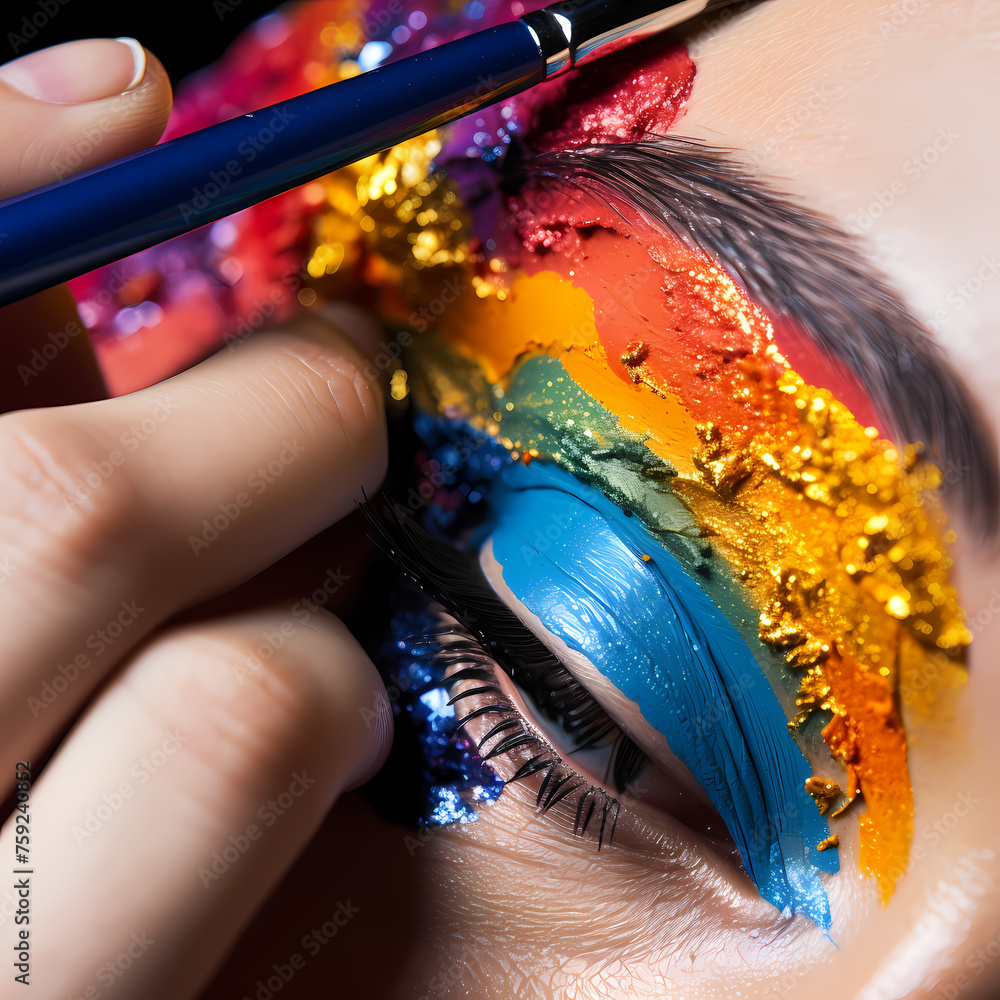 Poster A close-up of a makeup artist applying bold colors 