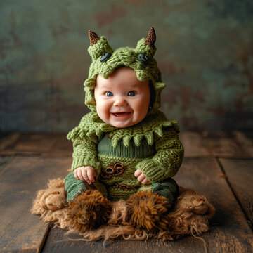 baby dressed in a cute monster Halloween costume professional portrait photography in beautiful background matching the costume