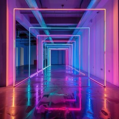 abstract futuristic background, empty corridor with neon lights