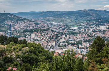 Fototapeta na wymiar Aerial view from mount Trebevic on Sarajevo, Bosnia and Herzegovina