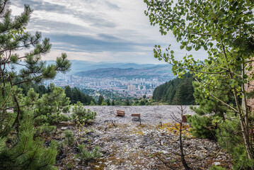 View from damaged and abandoned house on the slope of Trebevic mountain in Sarajevo, Bosnia and...