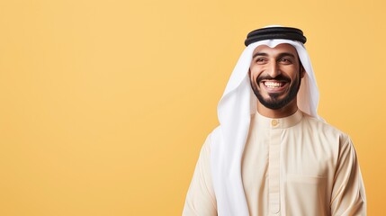 smiling arabian man with arms crossed, one color background , copy space - generative ai