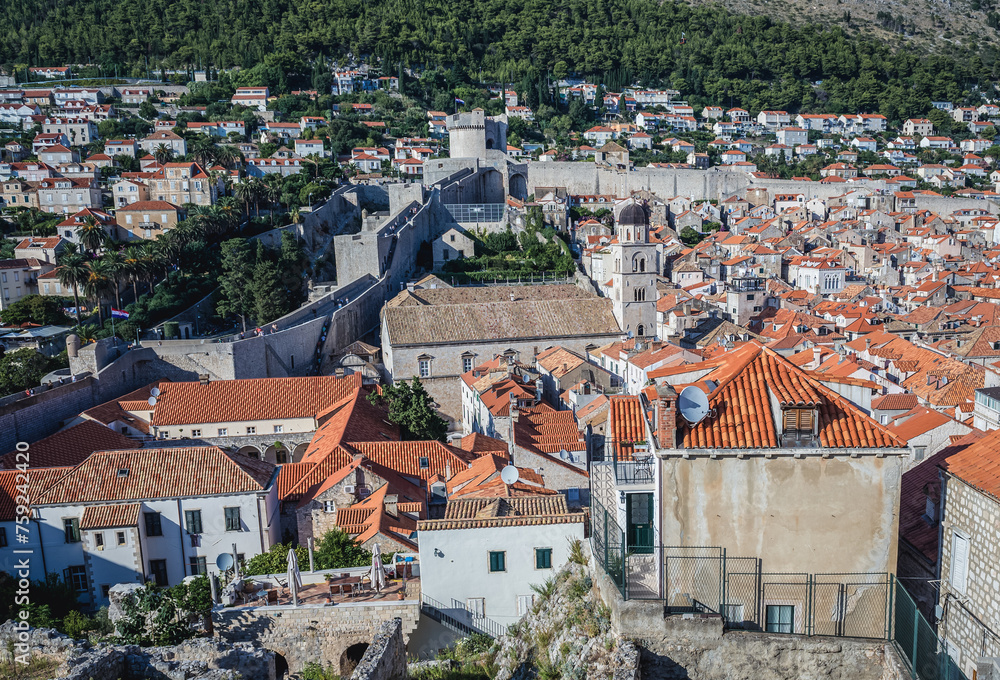 Wall mural Aerial view from walls in Old Town of Dubrovnik city, Croatia