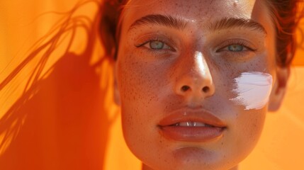 young woman with sunscreen on her face, skin care concept generative ai