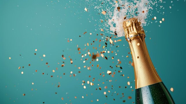 Champagne bottle with golden foil exploding. High-speed photography with copy space. Celebration and holiday concept for design and print.