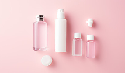 a collection of skincare and cosmetic bottles showcased against a pink background, illustrating the beauty concept.