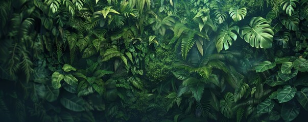 Dense tropical rainforest foliage with mist. Digital art style nature background. Jungle exploration and adventure concept for poster and wallpaper design - obrazy, fototapety, plakaty