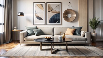 Stylish Decor, Light Gray Sectional, Round Wood Coffee Table, Abstract Wall Artwork, generative ai