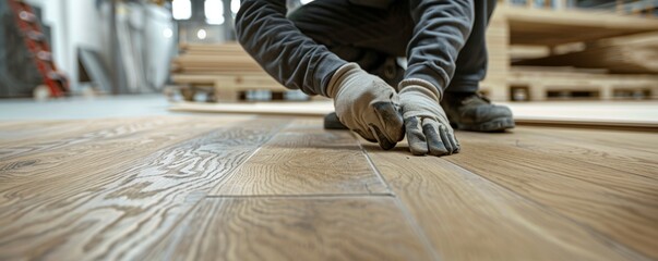 Close-up of hands placing wooden floor tiles. Detail-oriented work in carpentry and flooring installation for interior design projects - obrazy, fototapety, plakaty