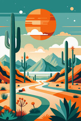 Flat vector illustration of a peaceful desert landscape featuring a winding road and cacti at sunset. Festive poster, mexican background, Mexico backdrop for festival Cinco de mayo