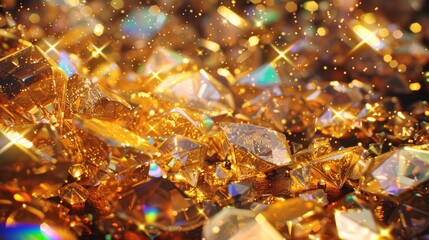 Sparkling gold crystals with shining facets and glitter. Luxury and wealth concept for abstract jewelry background - obrazy, fototapety, plakaty