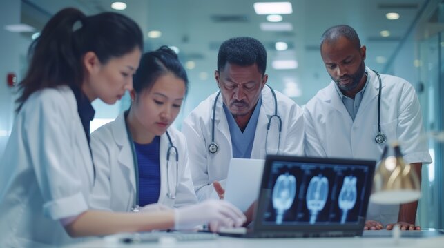 Medical team analyzing brain scans on a computer in a hospital. Healthcare professionals in lab coats reviewing patient MRI images.