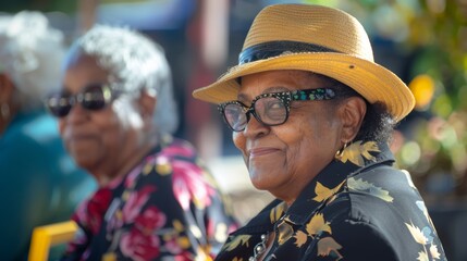 Smiling senior woman with sunglasses and a yellow hat. Leisure and retirement concept - obrazy, fototapety, plakaty