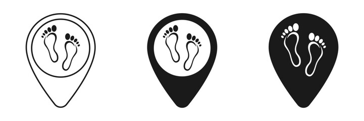 Set of pin icons with traces of human feet. Illustration
