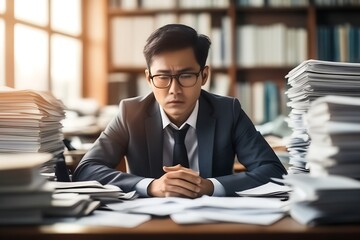Asian business man whose desk is full of documents at work , overworked or people overwhelmed by work concept - obrazy, fototapety, plakaty