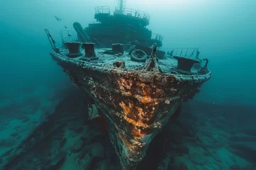 Rolgordijnen A shipwreck is seen in the ocean with a lot of debris and fish swimming around it. Scene is eerie and mysterious, as the ship is long gone and the ocean is filled with life © Yuliia