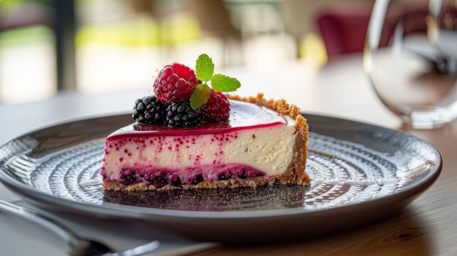 Food photography of  blueberry cheesecake with fresh berries on a wooden table in a cafe. Ai generative.