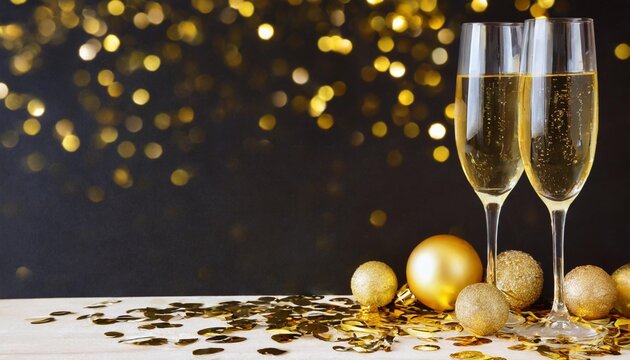 new year s eve celebration banner with champagne glasses and golden confetti on black background