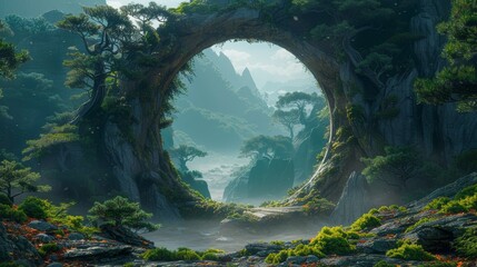 Creating a portal in the elven forest to another world with digital art, illustration, and painting. Hyper-realistic. 3D illustration.